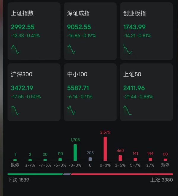 汇盈策略 A股小幅跳水指数走弱，下跌个股近2500只！半小时成交3018亿，北上资金净卖出超10亿；宁德时代跌超3%